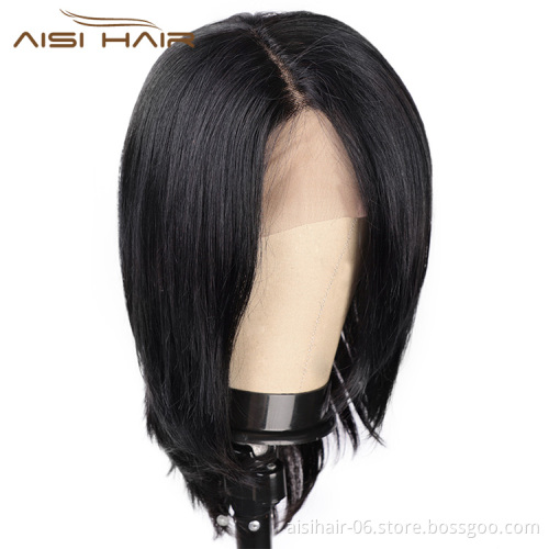 Aisi Hair 16 Inch Medium Long Natural Black Swiss Lace Wig Natural Straight Brazilian Human Hair Lace Front Wigs For Black Women